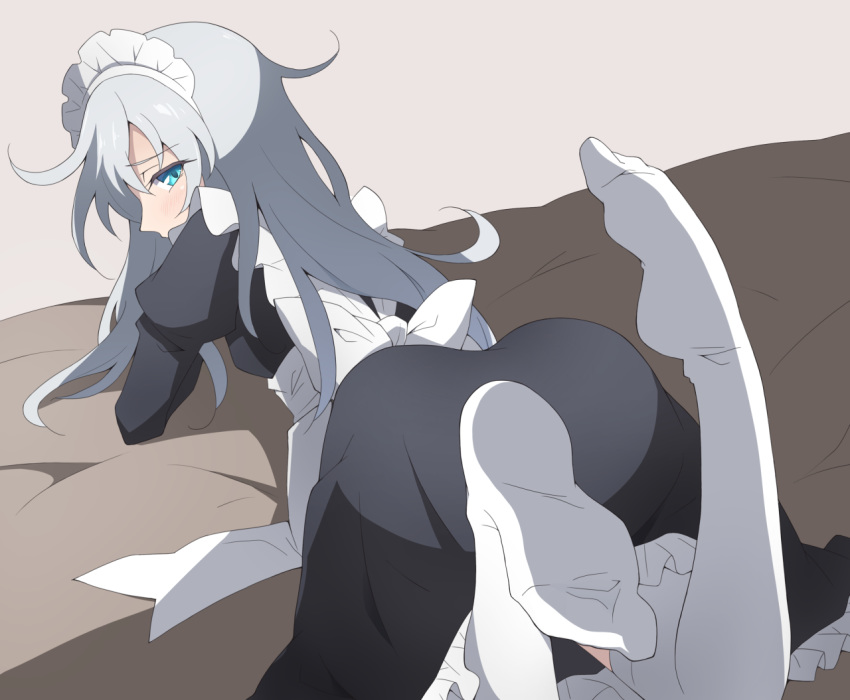 alternate_costume apron ass black_dress blue_eyes blush dress enmaided frills hair_between_eyes hibiki_(kantai_collection) kantai_collection long_hair long_sleeves looking_at_viewer looking_back lying maid maid_apron maid_headdress nel-c on_bed on_stomach puffy_sleeves silver_hair solo thighhighs waist_apron white_legwear wrist_cuffs