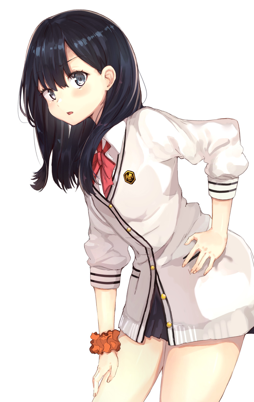 absurdres bangs black_hair blush bow bowtie buttons cardigan commentary_request cowboy_shot emblem eyebrows_visible_through_hair fingernails grey_eyes hair_behind_ear hand_on_hip hand_on_own_thigh highres leaning_forward long_hair long_sleeves looking_at_viewer miniskirt open_mouth pleated_skirt ranf red_neckwear school_uniform scrunchie simple_background skirt solo ssss.gridman standing takarada_rikka white_background wrist_scrunchie