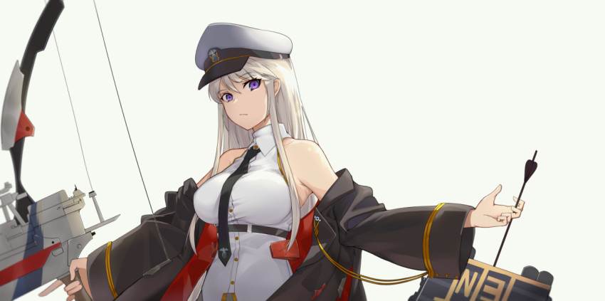 arrow azur_lane bangs bare_shoulders blush bow_(weapon) breasts compound_bow enterprise_(azur_lane) expressionless eyebrows_visible_through_hair grey_background hat holding holding_arrow holding_bow_(weapon) holding_weapon large_breasts long_hair looking_at_viewer necktie peaked_cap purple_eyes shirt silver_hair simple_background skirt sleeveless sleeveless_shirt smile solo very_long_hair weapon xiujia_yihuizi