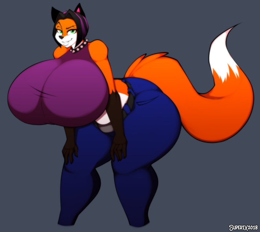 2018 absurd_res anthro big_breasts black_hair black_nose breasts canine clothed clothing collar digital_media_(artwork) female fox fur green_eyes hair hi_res highlights huge_breasts hyper hyper_breasts kylie_steel_(lildredre) looking_at_viewer mammal midriff midsection multicolored_fur multicolored_hair orange_fur purple_highlights simple_background smile solo spiked_collar spikes standing superix teeth thick_thighs tight_clothing two_tone_fur voluptuous white_fur wide_hips