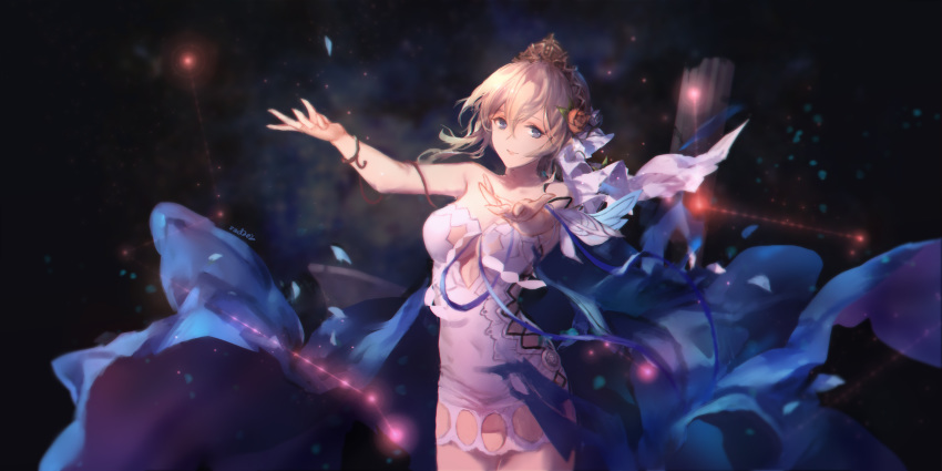 arms_up artist_name bare_arms bare_shoulders blonde_hair blue_cape blue_eyes breasts cape closed_mouth commentary_request covered_navel cowboy_shot dark_background dress europa_(granblue_fantasy) flower glowing granblue_fantasy hair_between_eyes hair_flower hair_ornament hair_ribbon highres medium_breasts outstretched_arms red_flower red_rose ribbon rose short_dress short_hair signature smile solo strapless strapless_dress swd3e2 tiara underboob underboob_cutout white_dress white_ribbon