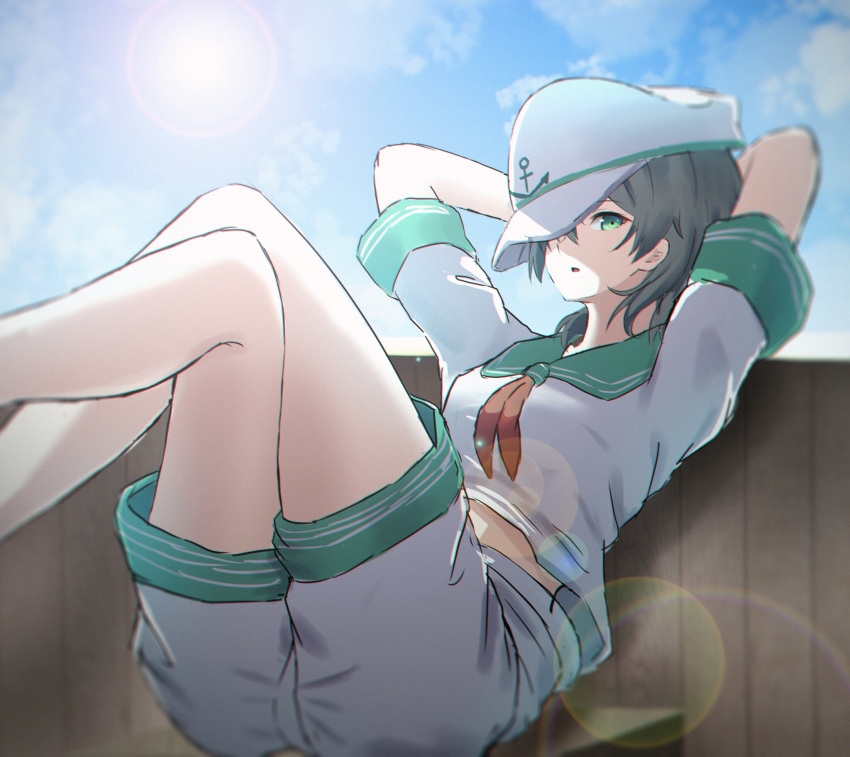 anchor_symbol arms_behind_head ascot ass bare_legs black_hair breasts commentary_request crop_top crossed_legs eyebrows_visible_through_hair green_eyes hat hat_over_one_eye highres legs_up lens_flare looking_at_viewer medium_breasts murasa_minamitsu open_mouth short_sleeves shorts sitting sun teraguchi touhou