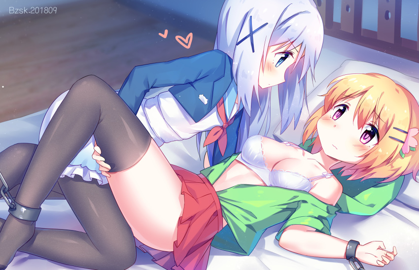 artist_name ass bangs baozishark bare_shoulders bed black_legwear blonde_hair blue_eyes blue_jacket blush bra breasts chain collarbone commentary_request cropped_jacket cuffs dated dress eye_contact eyebrows_visible_through_hair feet_out_of_frame from_side gochuumon_wa_usagi_desu_ka? green_jacket hair_between_eyes hair_ornament hairclip heart highres hood hooded_jacket hoto_cocoa indoors jacket kafuu_chino kneeling long_hair long_sleeves looking_at_another lying medium_breasts miniskirt multiple_girls neckerchief no_shoes off_shoulder on_back open_clothes open_jacket pantyhose petticoat pillow pleated_skirt profile purple_eyes red_neckwear red_skirt restrained sailor_collar sailor_dress shackles shadow short_dress short_hair short_sleeves silver_hair skirt thighhighs thighs underwear white_bra white_dress wooden_floor x_hair_ornament yuri