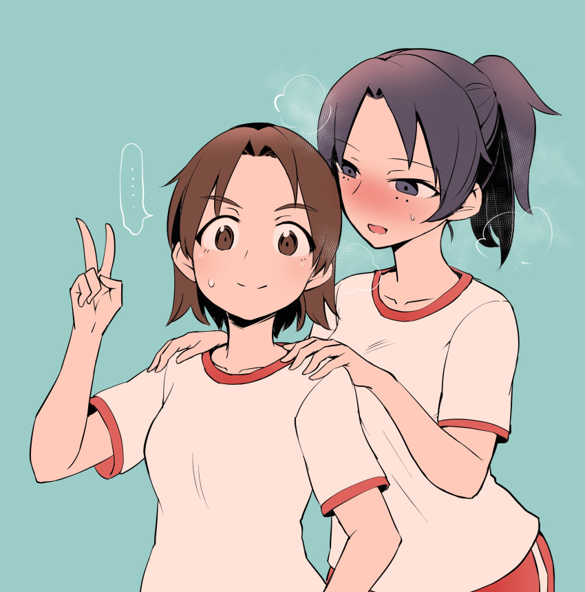 2girls absurdres aomushi_(mushamusha) bangs black_eyes black_hair blush breath brown_eyes brown_hair closed_mouth commentary disconnected_mouth eyebrows_visible_through_hair forehead freckles girls_und_panzer green_background gym_shirt gym_shorts gym_uniform half-closed_eyes hands_on_another's_shoulders highres looking_at_another looking_at_viewer medium_hair multiple_girls naughty_face open_mouth parted_bangs red_shorts sawa_azusa shirt short_hair short_ponytail short_sleeves shorts single_vertical_stripe smile speech_bubble spoken_ellipsis sweatdrop t-shirt upper_body white_shirt yamagou_ayumi