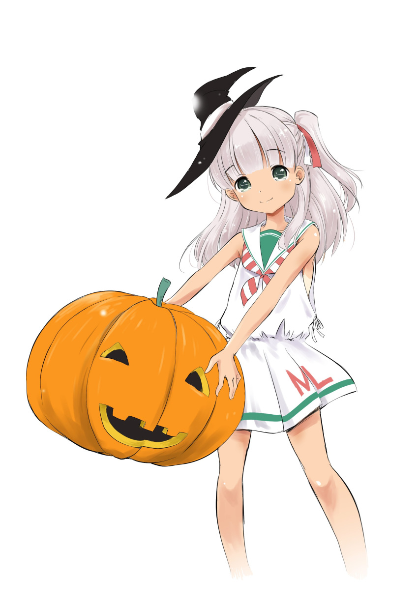 absurdres bangs blunt_bangs closed_mouth commentary_request dress eyebrows_visible_through_hair green_eyes hair_ribbon halloween hat highres kantai_collection long_hair looking_at_viewer maestrale_(kantai_collection) one_side_up pumpkin ribbon sailor_collar sailor_dress silver_hair simple_background sleeveless sleeveless_dress smile solo taisinkoku tan tanline white_background white_dress white_ribbon witch_hat