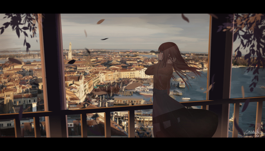 absurdres amatsuki_rei artist_name black_eyes black_skirt brown_hair brown_shirt building city cityscape commentary_request day falling_leaves grey_sky hand_in_hair hand_up harbor highres horizon leaf letterboxed light_smile long_hair long_skirt long_sleeves looking_away original partial_commentary pillar profile railing scenery shade ship shirt sidelocks signature skirt sky solo standing tower water watercraft wind