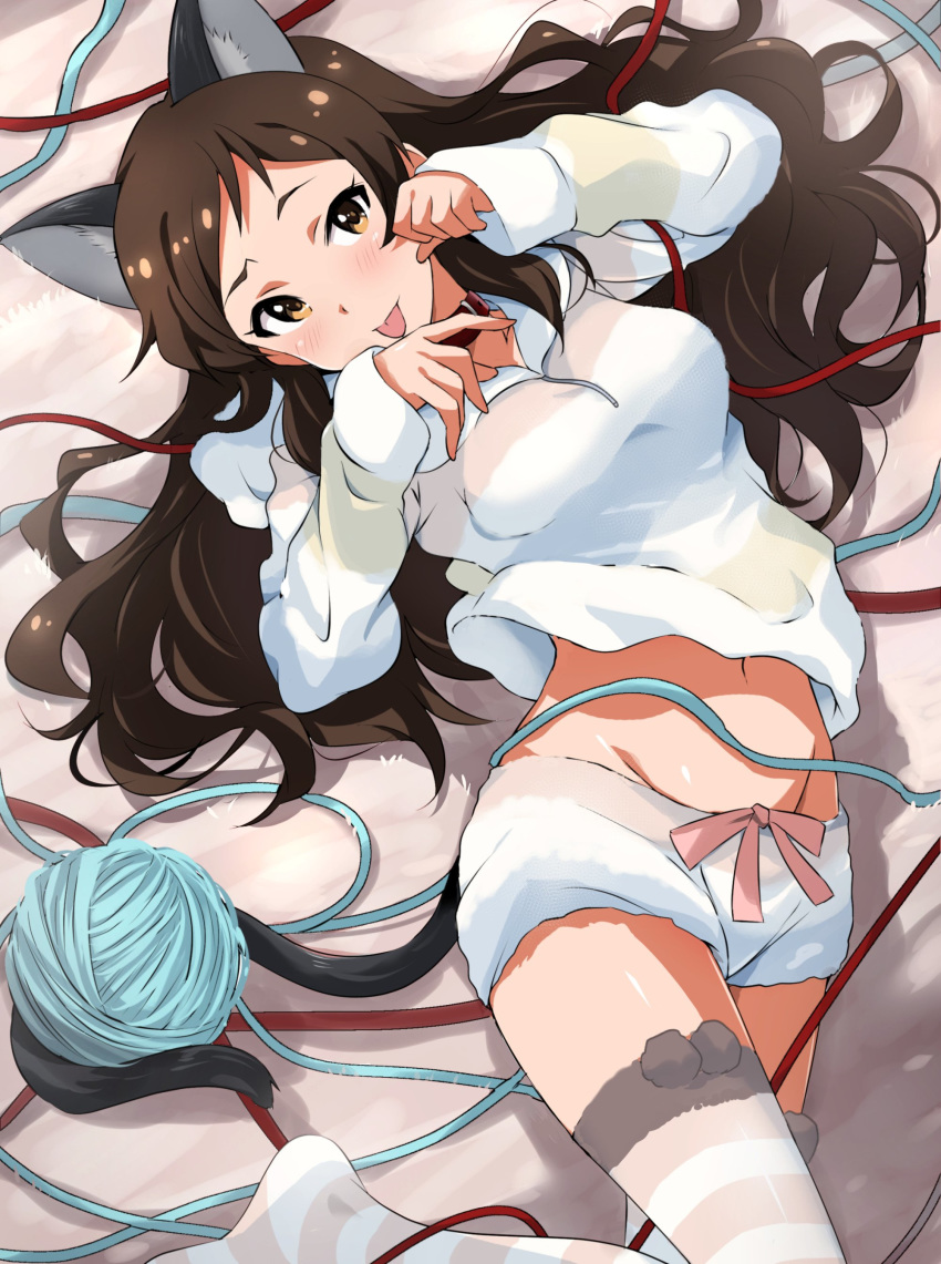 :p absurdres animal_ears brown_eyes brown_hair cat_ears cat_girl cat_tail commentary_request highres idolmaster idolmaster_million_live! kitazawa_shiho leash long_hair long_sleeves looking_at_viewer lying midriff navel on_back rope shorts sleeves_past_wrists solo striped striped_hoodie striped_legwear tail tail_hold thighhighs tokiani tongue tongue_out yarn yarn_ball