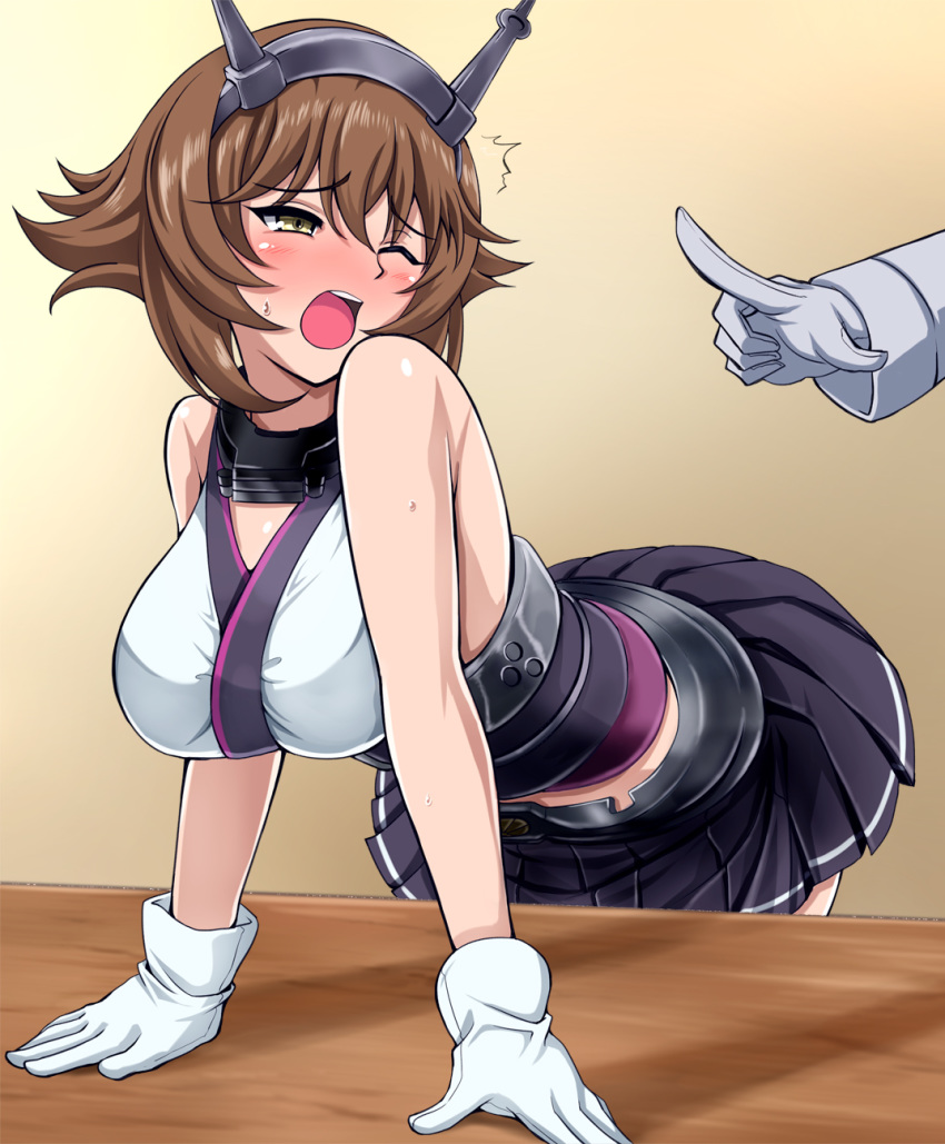 1girl admiral_(kantai_collection) arm_support black_skirt blush breasts brown_hair collar commentary_request flipped_hair gloves headgear highres jacket kantai_collection large_breasts leaning_forward looking_at_another looking_back metal_belt metal_collar midriff mutsu_(kantai_collection) one_eye_closed open_mouth pleated_skirt short_hair skirt solo_focus striped striped_skirt table teeth white_gloves white_jacket zanntetu