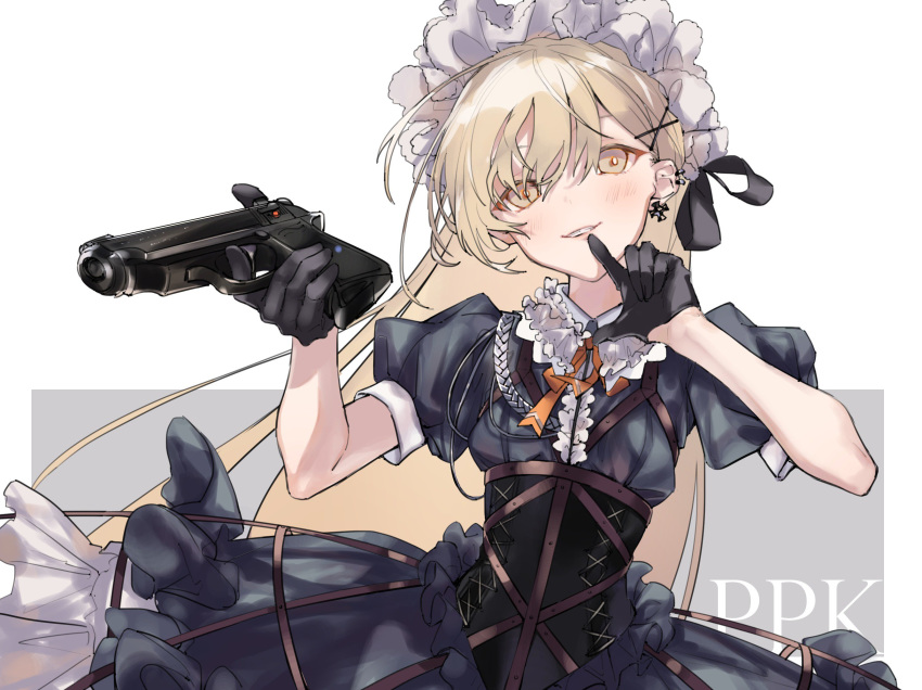 aiguillette ashita_kura black_gloves blonde_hair corset dress earrings finger_to_mouth frills girls_frontline gloves gun hair_ornament hair_ribbon hairclip handgun highres holding holding_gun holding_weapon hoop_skirt jewelry long_hair looking_at_viewer maid_headdress pistol ppk_(girls_frontline) puffy_short_sleeves puffy_sleeves ribbon short_sleeves solo very_long_hair walther walther_ppk weapon yellow_eyes