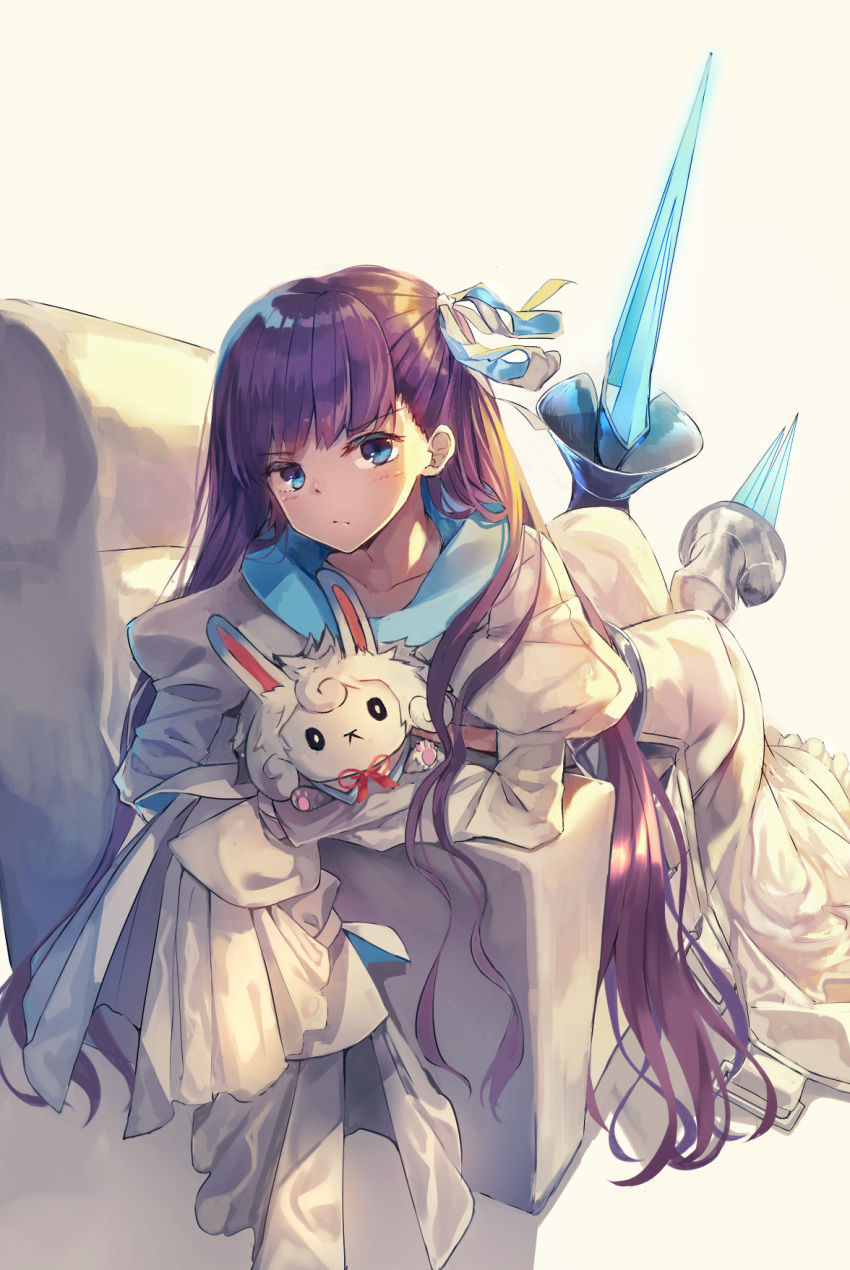 blue_eyes couch fate/extra fate/extra_ccc fate/grand_order fate_(series) fou_(fate/grand_order) hair_ribbon highres hopepe legs_up long_hair lying meltlilith on_stomach purple_hair ribbon sleeves_past_fingers sleeves_past_wrists stuffed_animal stuffed_toy very_long_hair