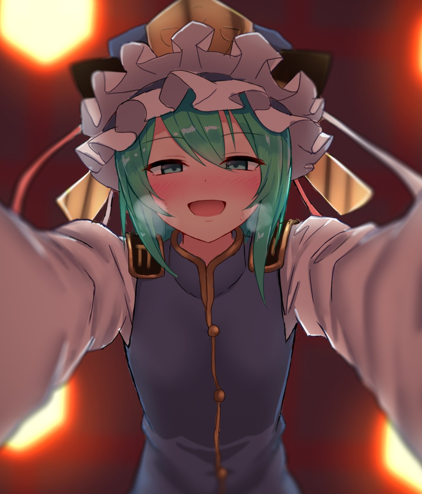 blurry blurry_background blush buttons clothing_request commentary_request eyebrows_visible_through_hair frilled_hat frills green_eyes green_hair half-closed_eyes hat heavy_breathing highres looking_at_viewer open_mouth pov shiki_eiki sweat teraguchi touhou undershirt upper_body