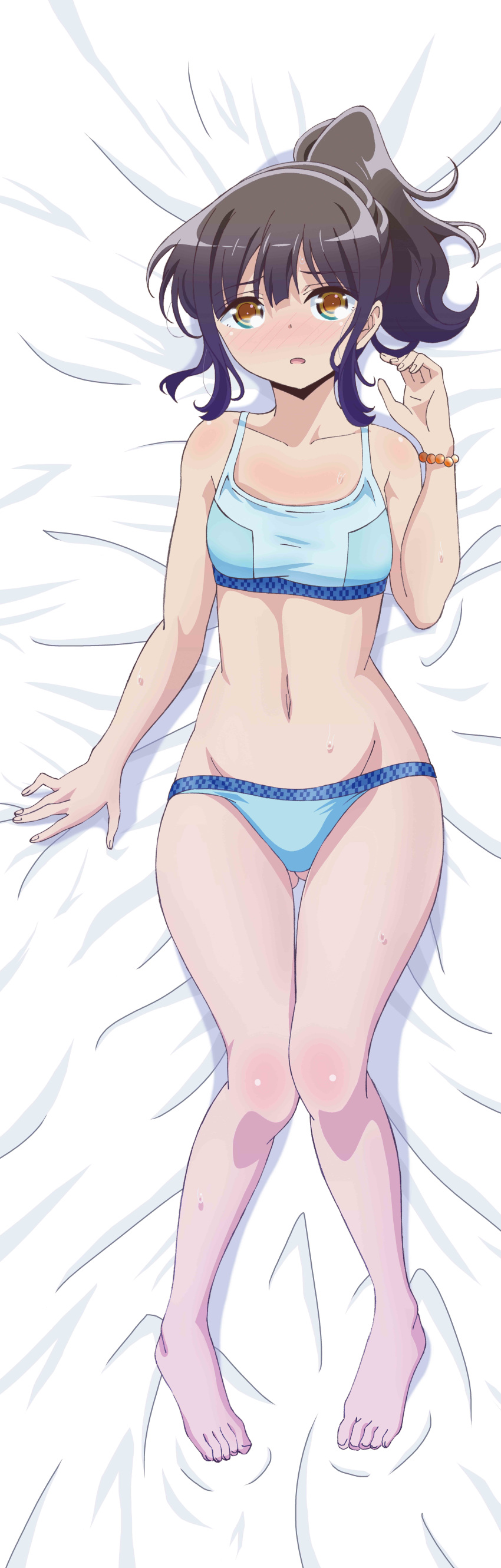 absurdres arm_above_head ass_visible_through_thighs bare_legs barefoot bead_bracelet beads bed_sheet bikini blue_bikini blush bracelet breasts brown_eyes brown_hair collarbone dakimakura eyebrows_visible_through_hair from_above full_body hand_in_hair harukana_receive higa_kanata highres incredibly_absurdres jewelry looking_at_viewer lying navel official_art on_back open_mouth ponytail small_breasts solo swimsuit