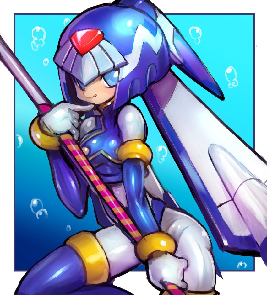 android blue_background blue_eyes blush bubble capcom commentary_request dakusuta detached_sleeves gloves helmet highres holding holding_staff leaning_forward leviathan_(rockman) outside_border rockman rockman_zero smile solo staff thighhighs tongue tongue_out white_gloves