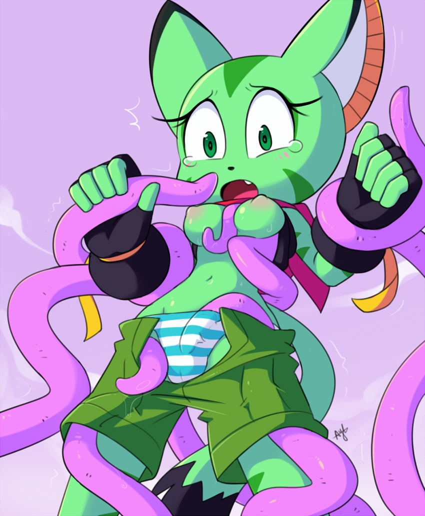 anthro aybr bandanna blush breasts carol_tea clothed clothing eyelashes feline female fingerless_gloves freedom_planet gloves green_eyes green_skin groped mammal navel nipples open_mouth panties restrained sex shorts solo tears tentacles topless underwear video_games wildcat