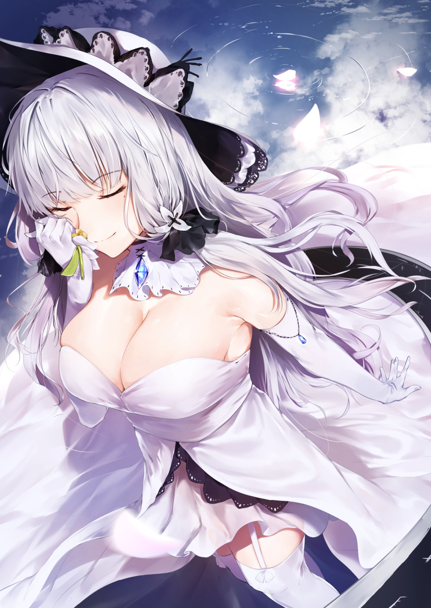 absurdres azur_lane bangs bare_shoulders black_ribbon blue_sky blush breasts cleavage closed_eyes closed_mouth cloud cloudy_sky commentary day dress elbow_gloves eyebrows_visible_through_hair facing_viewer flower garter_straps gem gloves hair_ribbon hand_up hat highres holding holding_flower hplay illustrious_(azur_lane) large_breasts long_hair mole mole_under_eye outdoors petals reflection ribbon ripples silver_hair sky smelling smelling_flower smile solo standing strapless strapless_dress sun_hat thighhighs very_long_hair white_dress white_flower white_gloves white_hat white_legwear