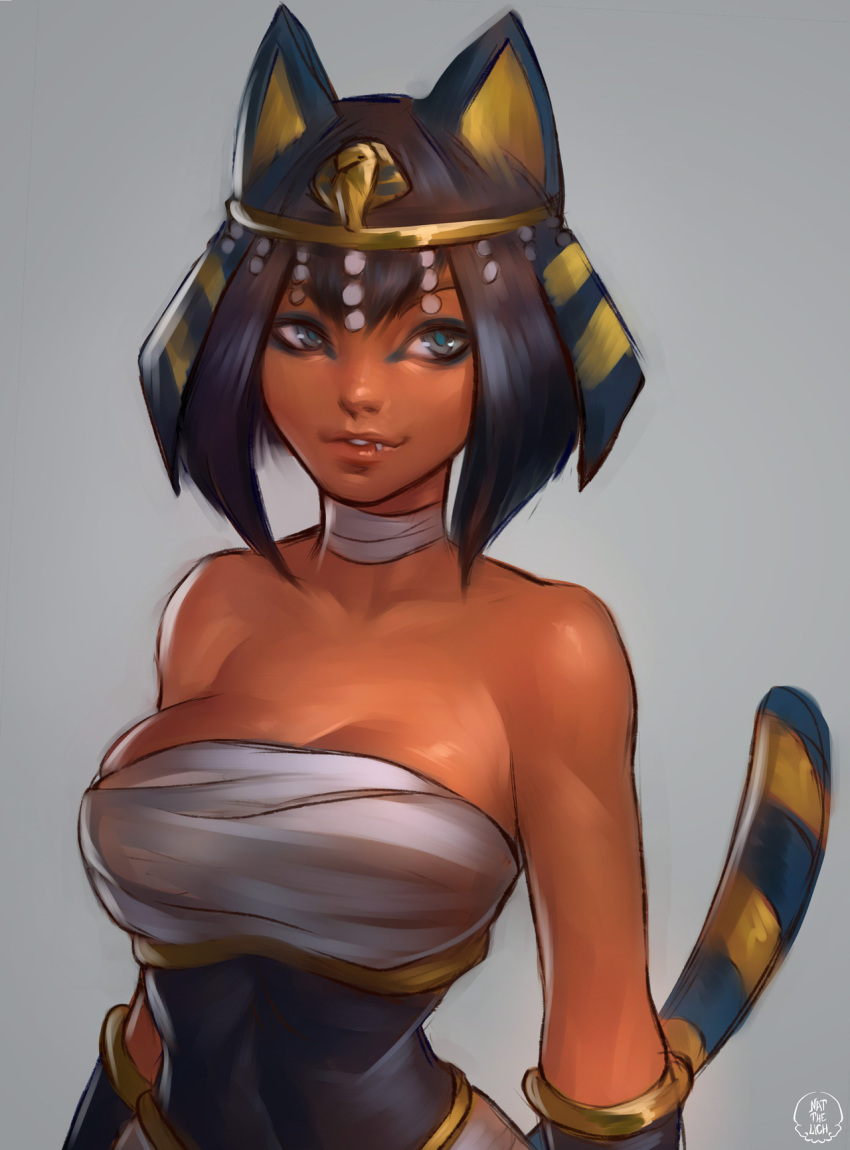 animal_ears bandaged_neck bare_shoulders black_hair bob_cut bracer breasts cat_ears cat_girl cat_tail cleavage commentary corset crossover dark_skin doubutsu_no_mori egyptian egyptian_clothes eliza_(skullgirls) english_commentary eyeliner fang fusion gold_trim grey_background highres large_breasts lips makeup nat_the_lich nile_(doubutsu_no_mori) sarashi skullgirls solo strapless tail tail_raised tiara trait_connection upper_body