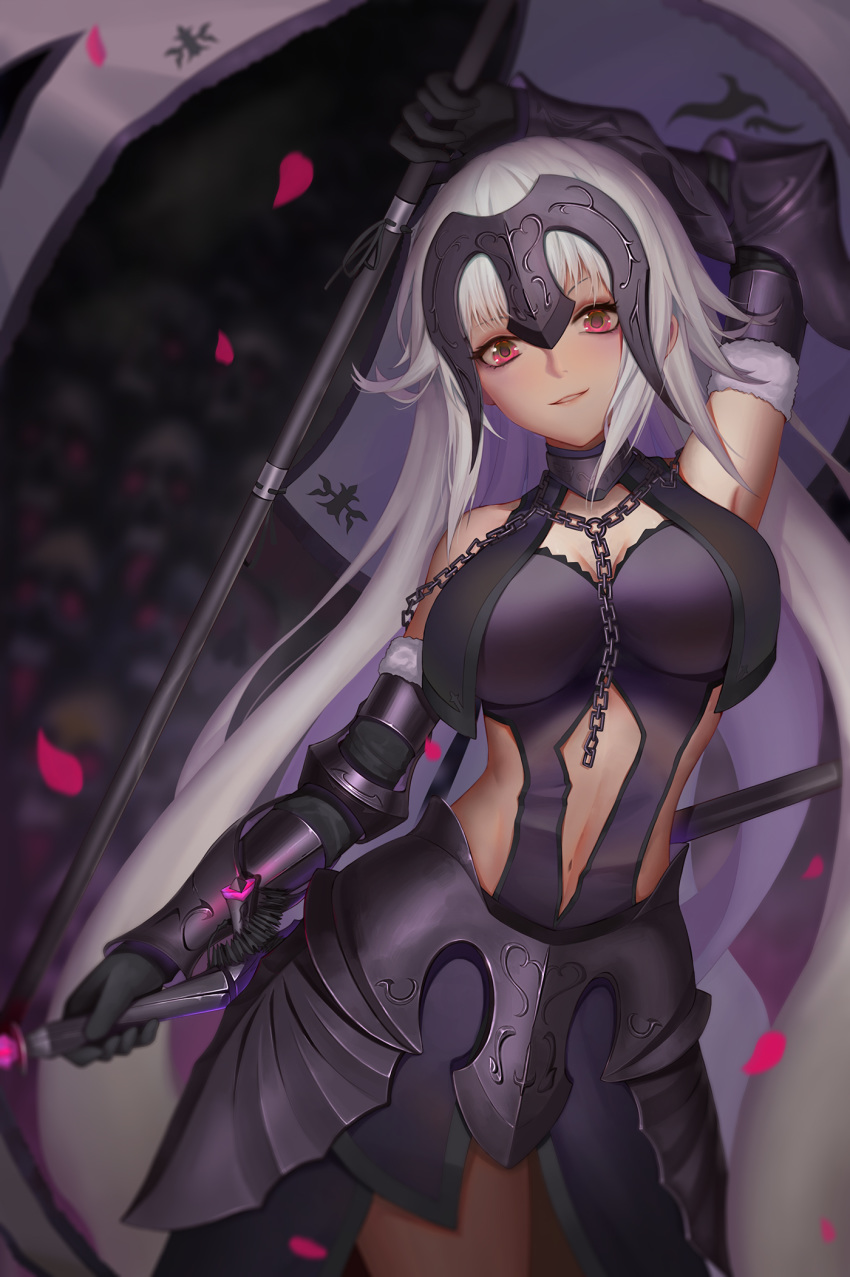 arm_up armor armored_dress armpits bangs banner bare_shoulders black_gloves blurry blurry_background blush breasts chain cleavage cleavage_cutout commentary_request cowboy_shot depth_of_field dress dual_wielding elbow_gloves estcc fate/grand_order fate_(series) fur-trimmed_gloves fur_trim gloves grey_hair head_tilt headpiece highres holding holding_weapon jeanne_d'arc_(alter)_(fate) jeanne_d'arc_(fate)_(all) large_breasts long_hair looking_at_viewer midriff navel navel_cutout parted_lips petals pink_eyes pink_lips purple_dress skull sleeveless sleeveless_dress solo straight_hair v-shaped_eyebrows vambraces very_long_hair weapon
