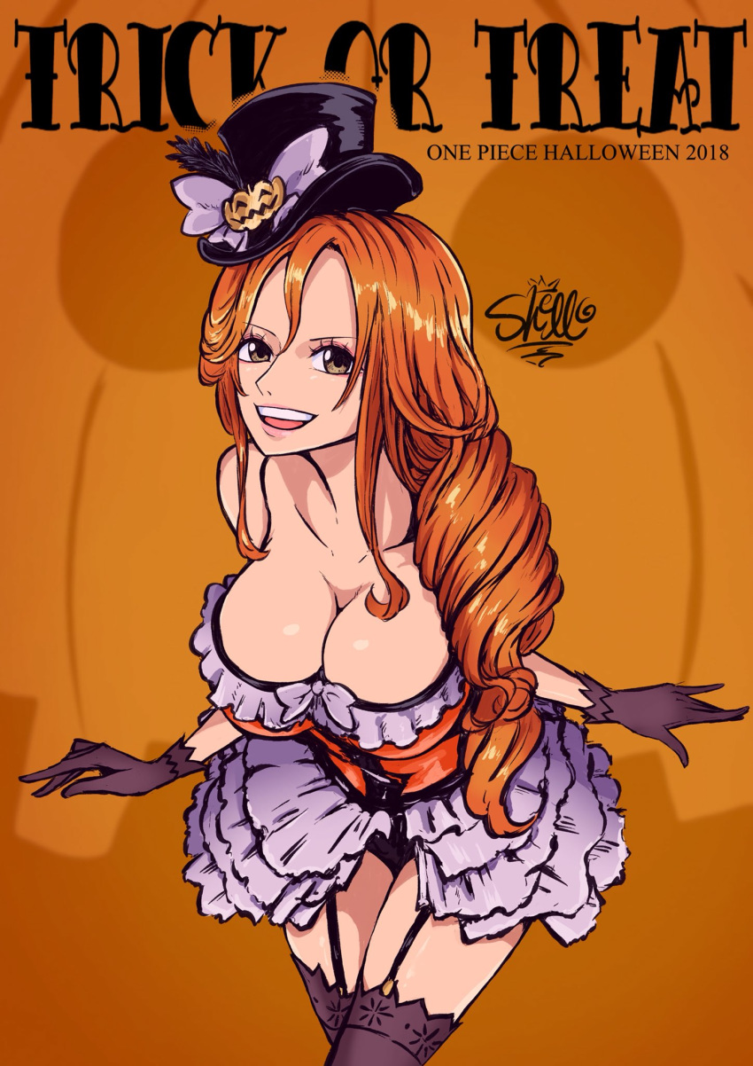 1girl bare_arms bare_shoulders black_gloves breasts brown_eyes cleavage curly_hair dress frilled_dress frills garter_straps gloves halloween large_breasts leaning_forward long_hair nami_(one_piece) one_piece open_mouth orange_background orange_hair sherumaru_(korcht06) simple_background smile source_request text_focus trick_or_treat