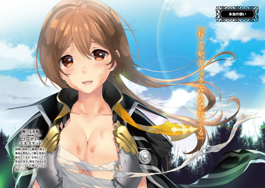 :d blue_sky breastplate breasts brown_eyes brown_hair bruise character_name cleavage cloud cody_elsted collarbone day floating_hair hair_between_eyes highres injury large_breasts long_hair looking_at_viewer maou_toubatsu_shita_ato_medachitakunai_node_guild_master_ni_natta naruse_hirofumi novel_illustration official_art open_mouth outdoors sarashi shiny shiny_hair sky smile solo upper_body