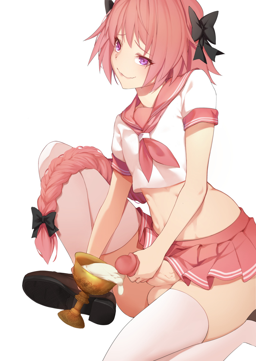 1boy absurdres astolfo_(fate) black_bow blush bow braid chalice crossdressing cum cum_in_cup cup drink erection fang fate_(series) hair_bow highres long_hair midriff miniskirt naughty_face navel otoko_no_ko penis pink_hair pleated_skirt purple_eyes sailor_collar school_uniform serafuku short_sleeves simple_background skirt smile stomach testicles thighhighs uncensored very_long_hair wavy_mouth white_background white_legwear