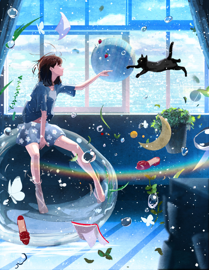 absurdres black_eyes blue_skirt blue_sky brown_hair brown_legwear bubble cat closed_mouth crescent day highres huge_filesize indoors looking_away medium_hair nakamura_yukihiro original pantyhose plant potted_plant sitting skirt sky smile solo star window