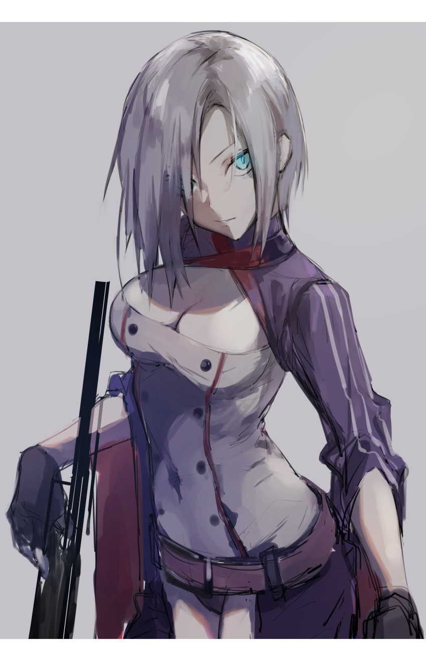 absurdres ashita_kura belt breasts buttons cleavage cleavage_cutout fingerless_gloves girls_frontline gloves green_eyes gun hair_over_one_eye highres looking_at_viewer mg5_(girls_frontline) short_hair silver_hair sketch solo weapon
