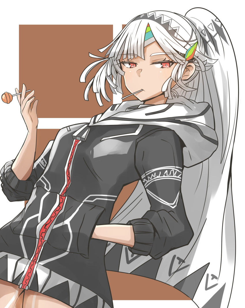 absurdres altera_(fate) alternate_costume alternate_hairstyle bangs black_jacket breasts candy dark_skin eyebrows_visible_through_hair fate/grand_order fate_(series) food food_in_mouth gin_moku hand_in_pocket headdress highres holding holding_lollipop hood hoodie jacket leg_tattoo lollipop long_sleeves red_eyes short_hair small_breasts solo tan tattoo upper_body veil white_hair