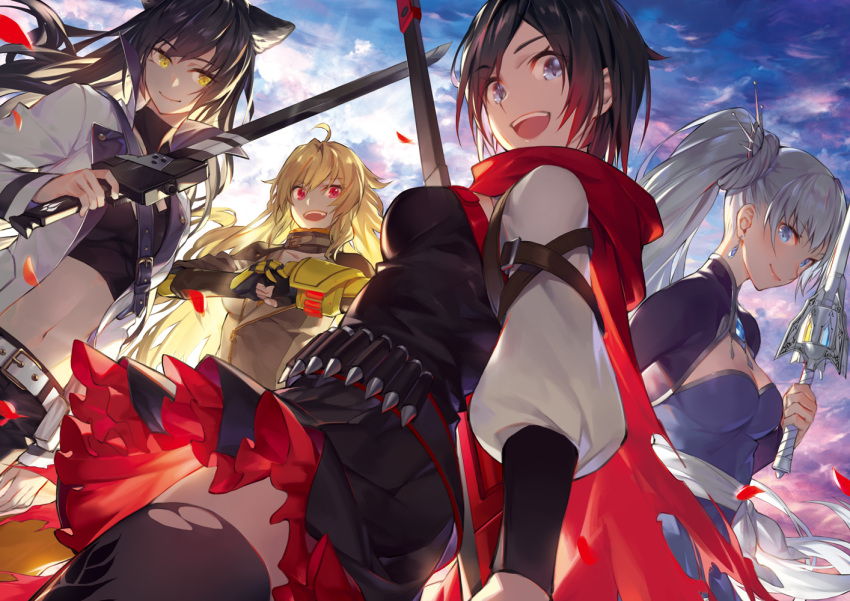 ahoge animal_ears belt black_hair blake_belladonna blonde_hair blue_eyes breasts cape cat_ears cleavage cleavage_cutout commentary earrings fingerless_gloves gauntlets gloves gradient_hair grey_eyes holding holding_sword holding_weapon jacket jewelry left-handed long_hair looking_at_viewer mechanical_arm multicolored_hair multiple_girls navel noy open_mouth prosthesis prosthetic_arm rapier red_eyes red_hair ruby_rose rwby scythe short_hair side_ponytail silver_eyes skirt sky smile sword thighhighs torn_clothes weapon weiss_schnee white_hair yang_xiao_long yellow_eyes