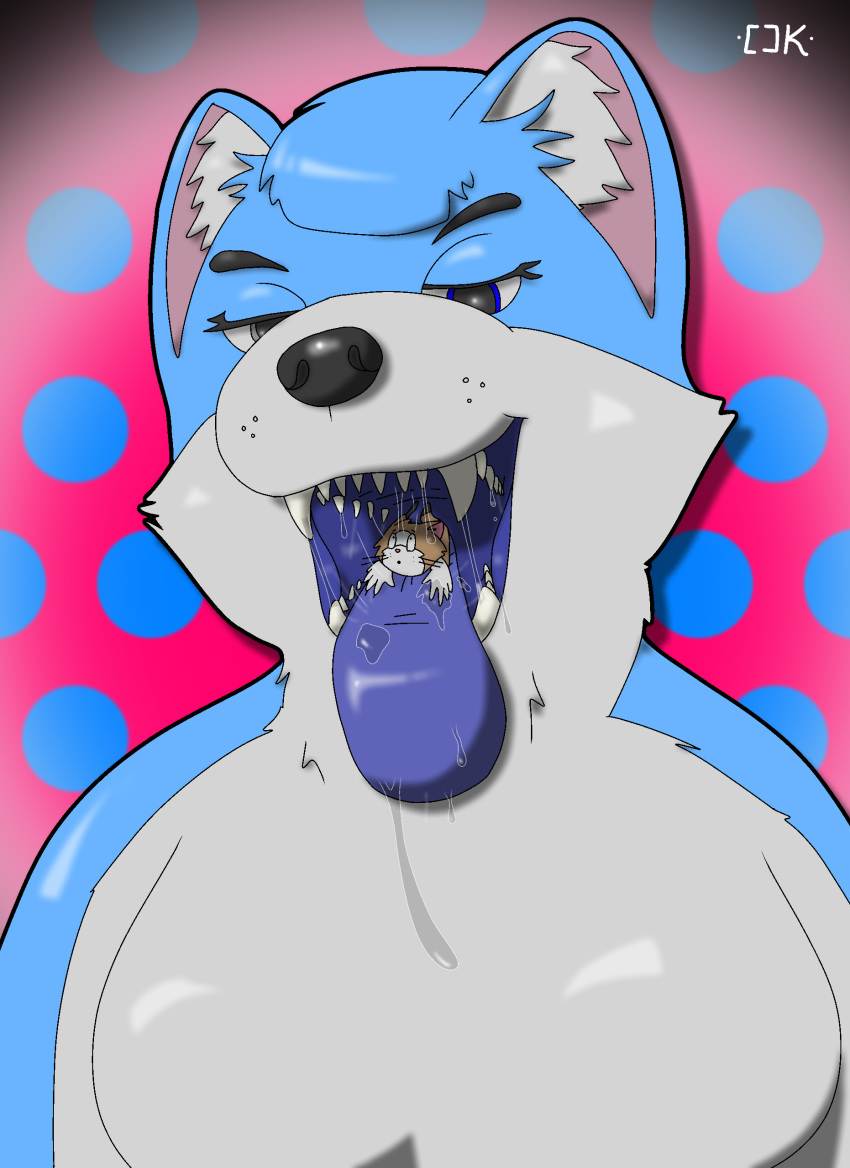 2018 []_k abstract_background anthro black_nose blue_fur breasts canine digital_media_(artwork) drooling duo featureless_breasts feline female female_pred fur gold_fur heterochromia jin macro male_prey mammal mawplay micro mouth_shot nude ragdoll_cat saliva size_difference teeth theunokcringe tongue tongue_out uvula vore white_fur wolf