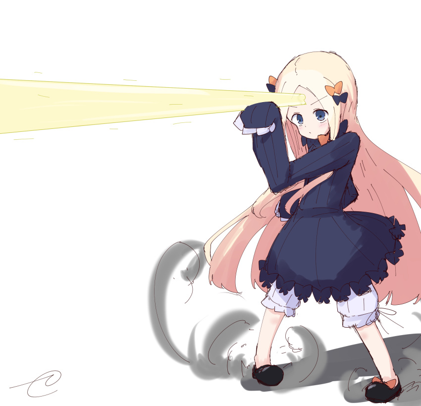 abigail_williams_(fate/grand_order) absurdres bangs black_bow black_dress black_footwear blonde_hair bloomers blue_eyes blush bow bug butterfly closed_mouth commentary dress fate/grand_order fate_(series) forehead_beam hair_bow hand_up highres insect keyhole kujou_karasuma long_hair long_sleeves mary_janes no_hat no_headwear orange_bow parody parted_bangs pigeon-toed polka_dot polka_dot_bow shoes signature sketch sleeves_past_fingers sleeves_past_wrists solo ssss.gridman standing underwear v-shaped_eyebrows very_long_hair white_background white_bloomers