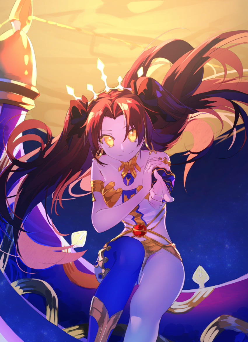 absurdres bare_shoulders brown_hair commentary_request crossed_arms fate/grand_order fate_(series) glowing glowing_eyes highres hikari50503 ishtar_(fate/grand_order) long_hair single_bridal_gauntlet single_thighhigh smile solo thighhighs thighs very_long_hair yellow_eyes