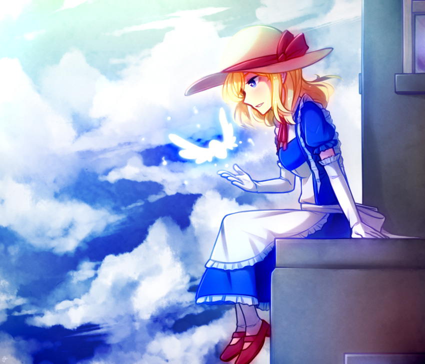 apron blonde_hair blue_eyes blue_sky cloud commentary elbow_gloves english_commentary frilled_apron frilled_gloves frills full_body gloves hat hat_ribbon highres kana_anaberal long_hair maid profile puffy_short_sleeves puffy_sleeves red_footwear ribbon shoes short_sleeves sitting sky solo speckticuls touhou touhou_(pc-98) waist_apron white_gloves white_hat