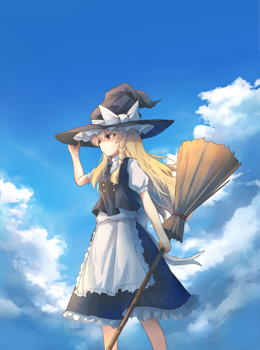 absurdres apron black_hat black_skirt blonde_hair blue_sky bow braid brown_eyes cloud day fen_zuo floating_hair frilled_apron frilled_skirt frills hand_on_headwear hat hat_bow highres holding kirisame_marisa long_hair outdoors shirt short_sleeves skirt sky solo standing touhou very_long_hair waist_apron white_apron white_bow white_shirt witch_hat