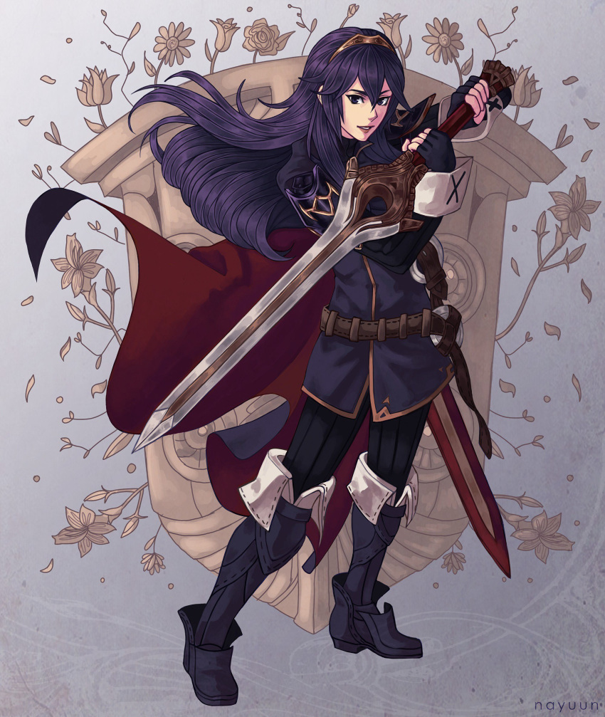 blue_eyes blue_hair boots cape fingerless_gloves fire_emblem fire_emblem:_kakusei full_body gloves highres holding holding_sword holding_weapon long_hair looking_at_viewer lucina nayuun pauldrons smile solo sword weapon