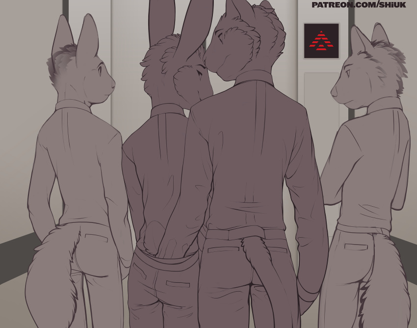 5_fingers anthro butt butt_grab canine elevator fox group hand_in_pants hand_on_butt lagomorph looking_back male male/male mammal public rabbit shiuk wolf