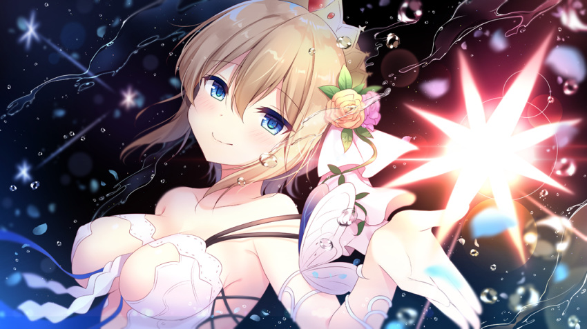 bangs bare_shoulders blonde_hair blue_eyes blurry blurry_background blush breasts closed_mouth collarbone crown depth_of_field dress europa_(granblue_fantasy) eyebrows_visible_through_hair flower glowing granblue_fantasy hair_between_eyes hair_flower hair_ornament hand_up head_tilt looking_at_viewer medium_breasts pink_flower pink_rose rose shikitani_asuka short_hair smile solo tiara upper_body water white_dress yellow_flower yellow_rose