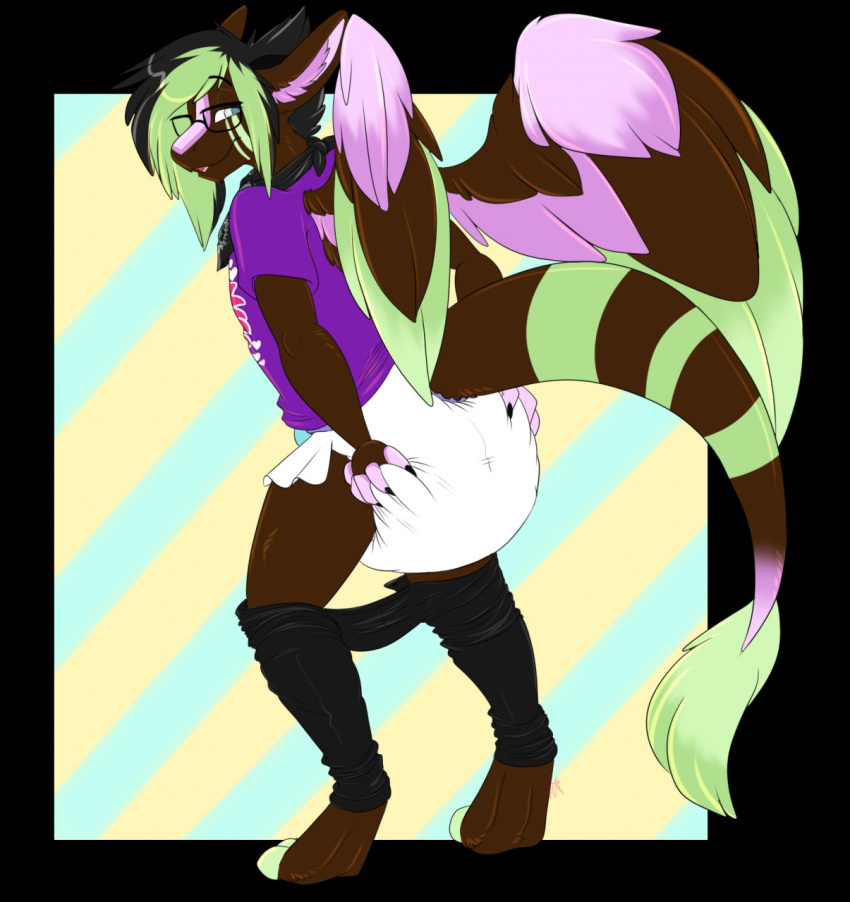 angel_dragon anthro biped clothed clothing diaper dragon eyebrows eyewear fully_clothed fur glasses hair looking_at_viewer looking_back male pants shirt simple_background source_request standing twixxel_minty unknown_artist wings