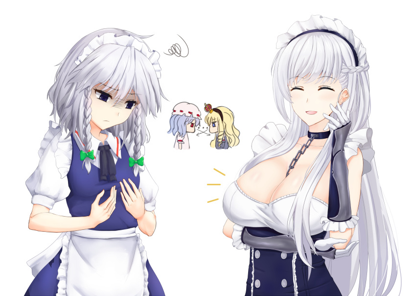 apron azur_lane bangs belfast_(azur_lane) blonde_hair blue_dress blue_eyes blue_hair blush bow braid breast_envy breasts chain cleavage collar collarbone commentary crossover dress eyebrows_visible_through_hair facing_viewer flat_chest french_braid frilled_apron frills gloves green_bow hair_bow hand_up hat highres izayoi_sakuya large_breasts long_hair maid maid_apron maid_headdress medium_hair multiple_girls puffy_short_sleeves puffy_sleeves queen_elizabeth_(azur_lane) red_eyes remilia_scarlet shaded_face short_hair short_sleeves silver_hair simple_background small_breasts smile touhou twin_braids user_msak5472 white_gloves
