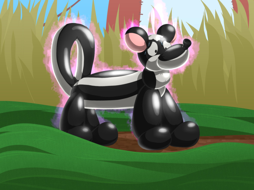 animate_inanimate aura balloon_animal feral firr inanimate_transformation kitsunekit living_inflatable mammal mephitid outside skunk transformation what