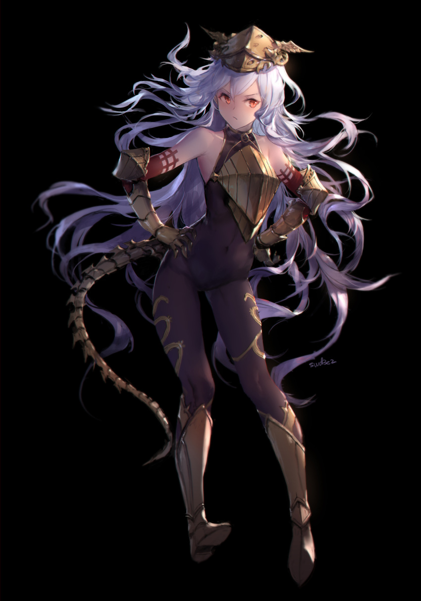 absurdres armored_boots bangs bare_shoulders black_background black_bodysuit blush bodysuit boots brown_footwear closed_mouth commentary_request contrapposto covered_navel eyebrows_visible_through_hair floating_hair gauntlets granblue_fantasy hair_between_eyes hands_on_hips headpiece highres knee_boots long_hair looking_at_viewer medusa_(shingeki_no_bahamut) purple_hair red_eyes shingeki_no_bahamut shoe_soles signature simple_background solo standing swd3e2 tail v-shaped_eyebrows very_long_hair