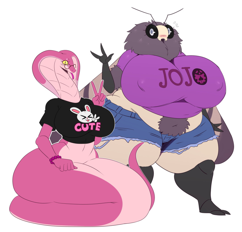 2018 anthro arthropod big_breasts big_butt blush breasts butt clothed clothing darla_(sssonic2) duo eyewear female glasses hazel_(sssonic2) huge_breasts hyper hyper_breasts insect looking_at_viewer moth naga navel non-mammal_breasts overweight overweight_female reptile scalie shirt shorts simple_background snake sssonic2 thick_thighs tongue tongue_out v_sign waving white_background wide_hips
