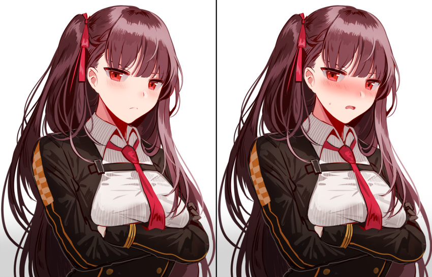 bangs blazer blush braid breasts closed_mouth collared_shirt crossed_arms double-breasted embarrassed framed_breasts french_braid girls_frontline gloves hair_ribbon half_updo high-waist_skirt jacket large_breasts long_hair looking_at_viewer multiple_views necktie one_side_up open_mouth purple_hair red_eyes red_neckwear red_ribbon ribbon shirt sidelocks silence_girl simple_background skirt strap striped striped_shirt sweatdrop tsurime upper_body very_long_hair wa2000_(girls_frontline) white_background