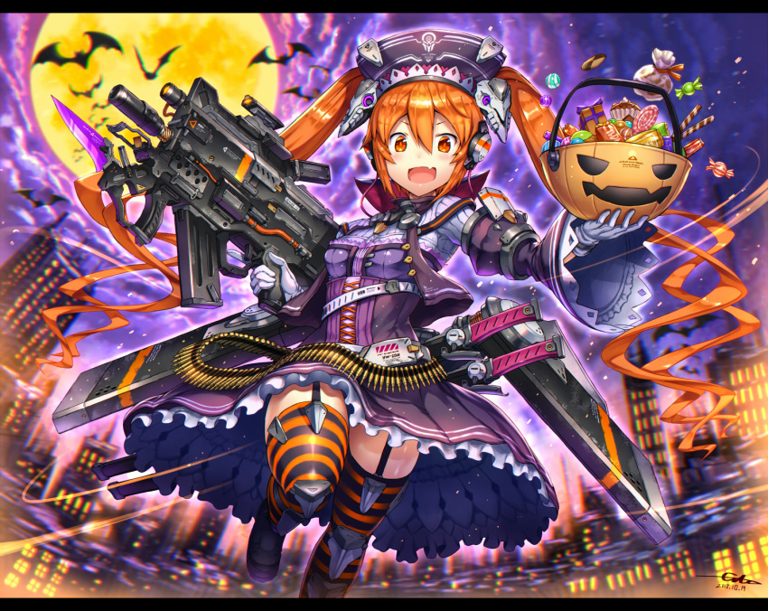 bat blurry blurry_background candy city dress facing_viewer fang food frilled_dress frills full_moon garter_straps gia gloves gun halloween halloween_basket hat headphones holding holding_gun holding_weapon long_hair looking_at_viewer moon open_mouth orange_eyes orange_hair original purple_sky running solo thighhighs trigger_discipline twintails very_long_hair weapon white_gloves wide_sleeves