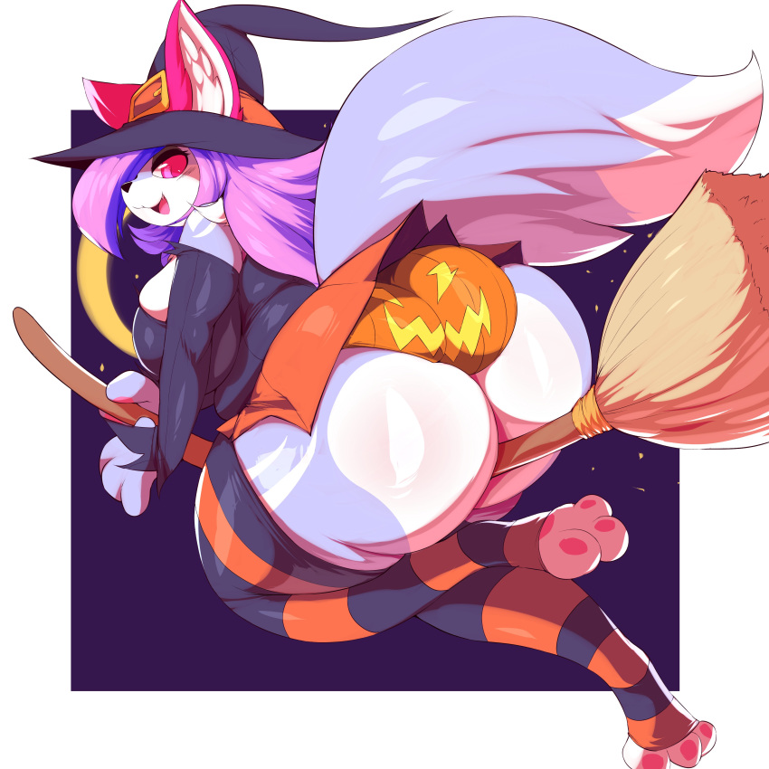 absurd_res anthro big_breasts big_butt breasts broom butt cat clothed clothing feline female food fruit hair halloween hat hi_res holidays huge_butt legwear looking_at_viewer looking_back magic_user mammal open_mouth panties pumpkin stockings trinity-fate62 underwear upskirt witch
