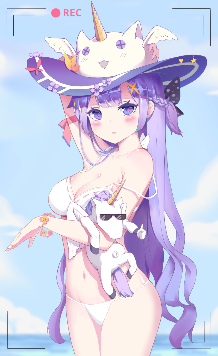 absurdres adjusting_clothes adjusting_hat armpits azur_lane bikini blue_sky blurry braid breasts carrying_against_hip cleavage cloud cloudy_sky collarbone commentary_request day depth_of_field fake_screenshot flower_bracelet french_braid hair_bun hair_ornament hat highres horizon kei_kei_(854174652) long_hair looking_at_viewer navel ocean one_side_up parted_lips purple_eyes purple_hair sky solo stuffed_alicorn stuffed_toy sunglasses swimsuit thumbs_up unicorn_(azur_lane) white_bikini x_hair_ornament