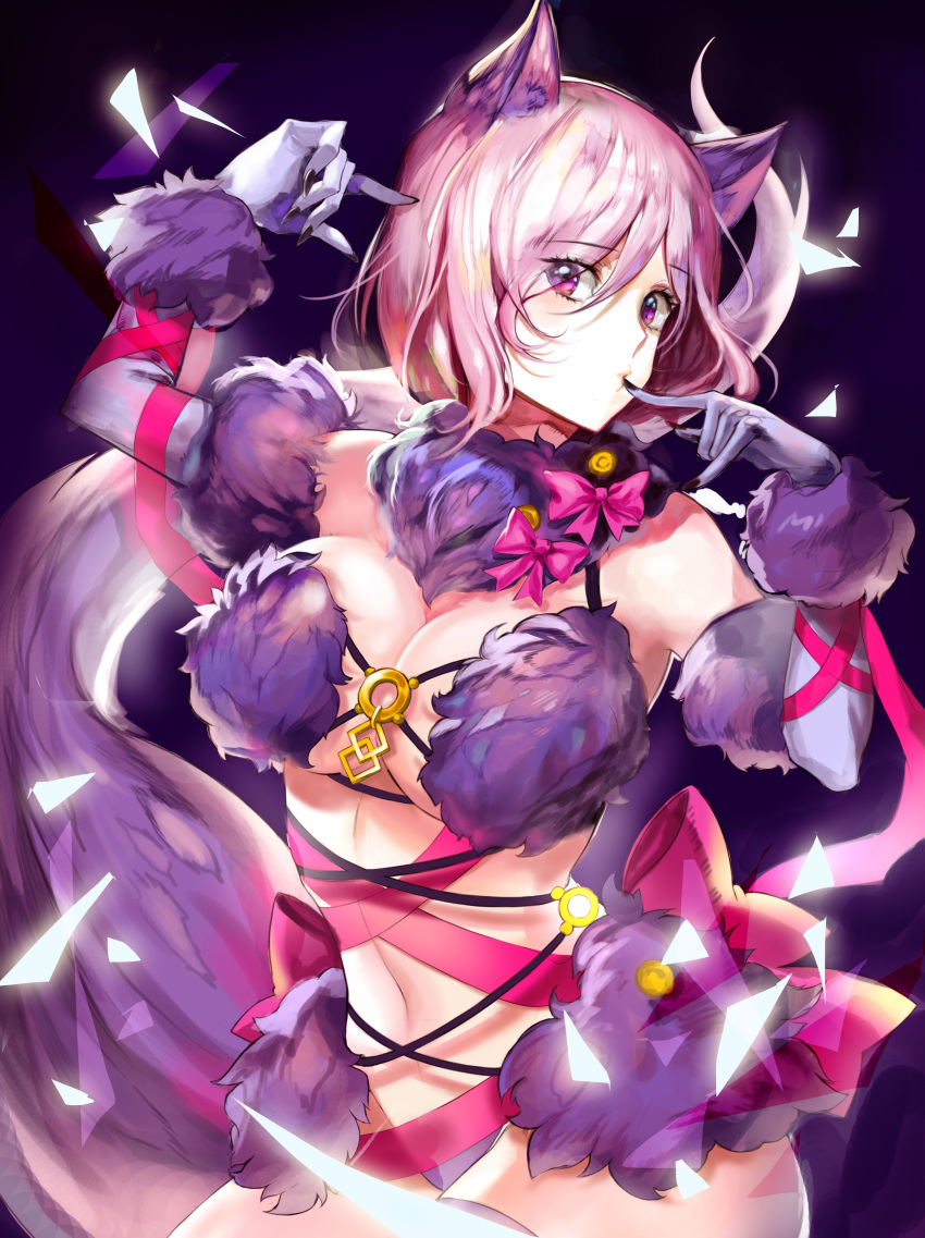 absurdres animal_ears bare_shoulders blush bow breasts claws cleavage commentary dangerous_beast elbow_gloves fate/grand_order fate_(series) fur-trimmed_gloves fur-trimmed_legwear fur_collar fur_trim gloves hair_over_one_eye halloween_costume haribo_kanten highres hips large_breasts lavender_hair looking_at_viewer mash_kyrielight navel o-ring pink_bow pink_ribbon puckered_lips purple_background purple_eyes purple_gloves purple_legwear revealing_clothes ribbon short_hair solo tail wolf_ears wolf_tail