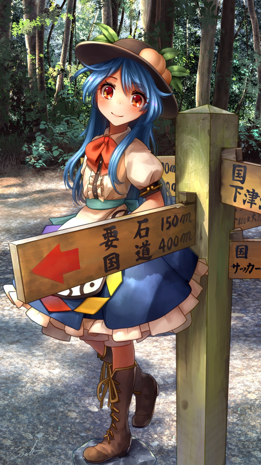 black_hat blue_hair blue_skirt boots brown_footwear center_frills commentary_request cross-laced_footwear eyebrows_visible_through_hair eyes_visible_through_hair food forest fruit full_body hat hay highres hinanawi_tenshi knee_boots long_hair looking_at_viewer nature outdoors peach puffy_short_sleeves puffy_sleeves red_eyes red_neckwear shirt short_sleeves signpost skirt smile solo standing touhou tree welt_(kinsei_koutenkyoku) white_shirt
