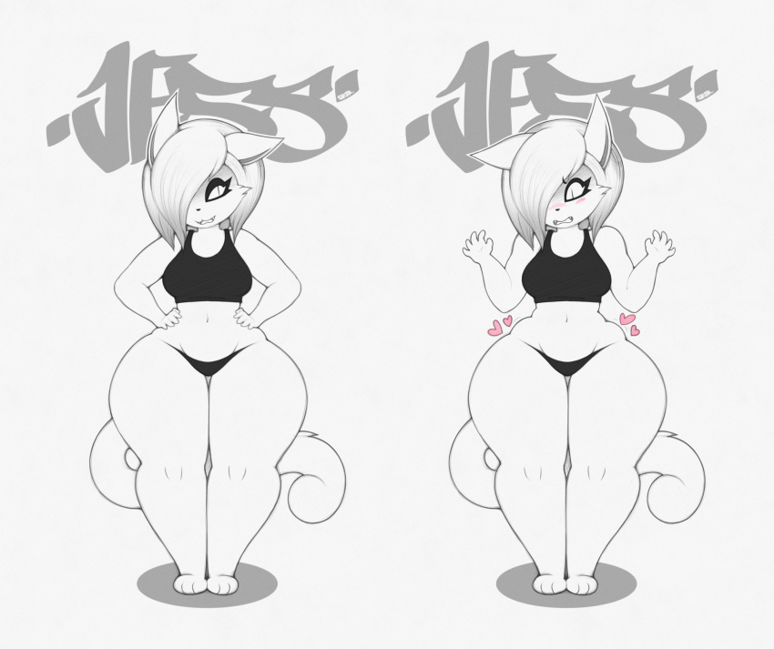 &lt;3 2018 anthro black_and_white blush breasts cat clothed clothing digital_media_(artwork) english_text feline female graffiti hi_res jessica_(teamhedge) love_handles mammal monochrome panties partially_clothed shirt simple_background small_breasts smutbunny solo tank_top text thick_thighs underwear voluptuous white_background wide_hips