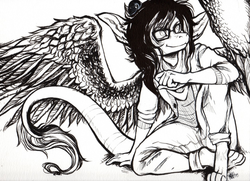 4_toes 5_fingers angel_dragon anthro biped clothing digitigrade dragon eyewear feathers fur glasses hair humanoid_hands jacket male monochrome pants shirt signature simple_background sitting sketch source_request toes traditional_media_(artwork) twixxel_minty unknown_artist unknown_artist_signature white_background wings