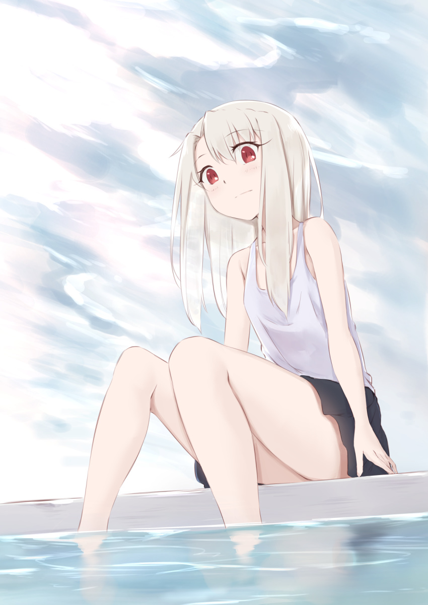 bangs bare_arms bare_shoulders black_skirt cloud cloudy_sky day eyebrows_visible_through_hair fate/kaleid_liner_prisma_illya fate_(series) feet_out_of_frame flat_chest highres illyasviel_von_einzbern jilu long_hair looking_at_viewer outdoors red_eyes sitting skirt sky sleeveless soaking_feet solo tank_top water white_hair